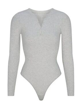 SKIMS Light Gray Ribbed Henley Long-Sleeve Bodysuit